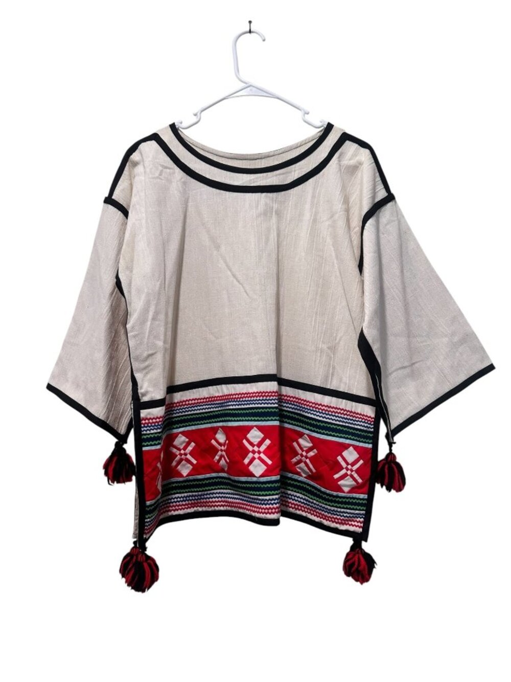Zia of Scottsdale Aztec Embroidery Tunic Top Large Bell Sleeves Tassels Indians